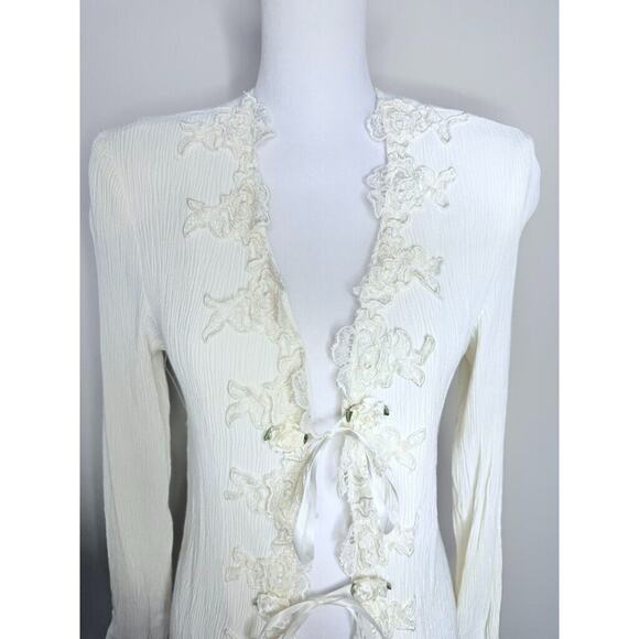 EXPO Vtg 90s Embroidered Flowers Open Tie Cardigan Lace Victorian Romantic Sz 14 - Picture 8 of 11